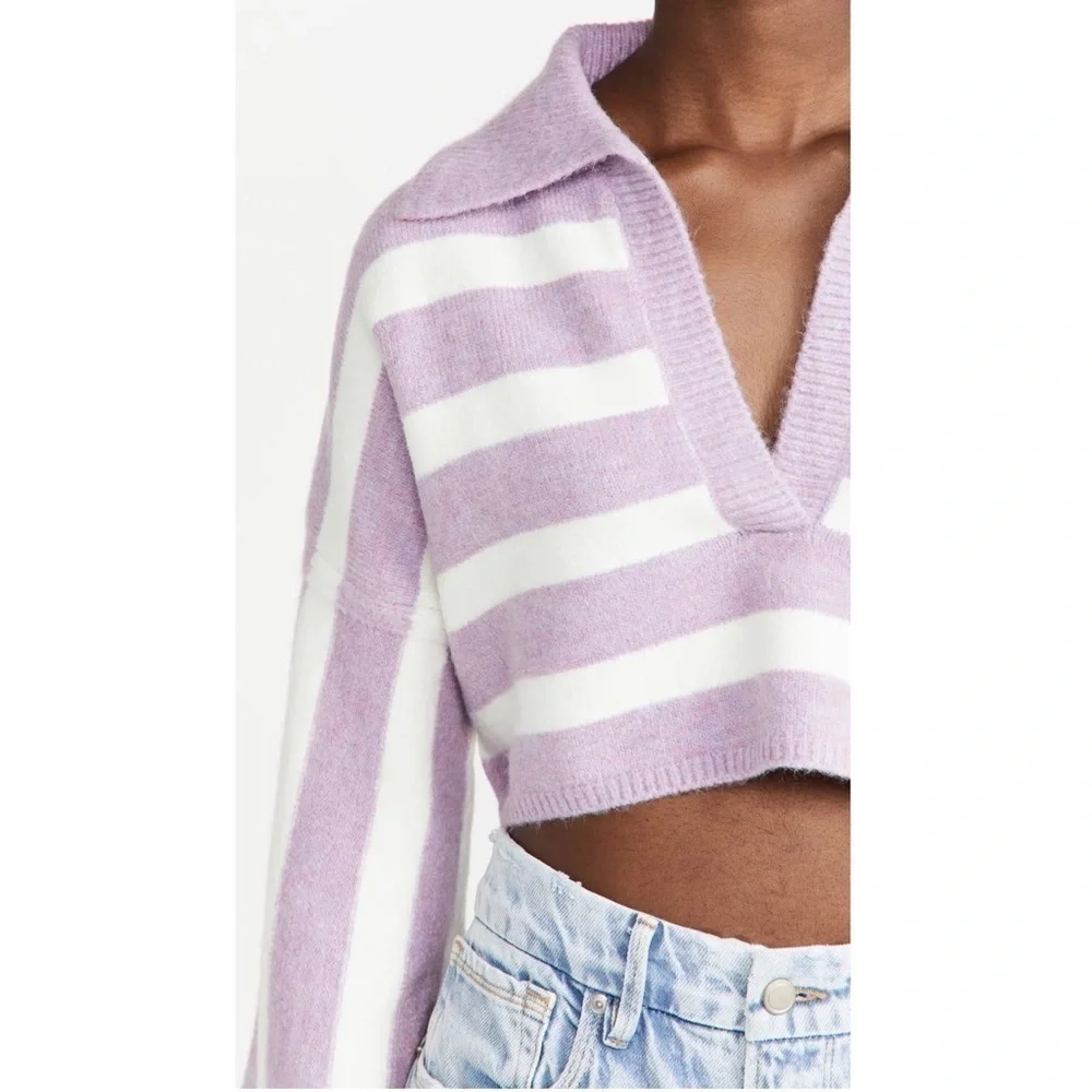 NWT LOVE LEMONS 90s Lavender Stripe V-Neck Oversized Soft Knit Cropped Sweater L